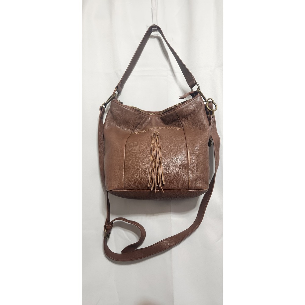Lucky Brand Brown Pebbled Leather Tassel Hobo Crossbody Bag Bohemian RN70689